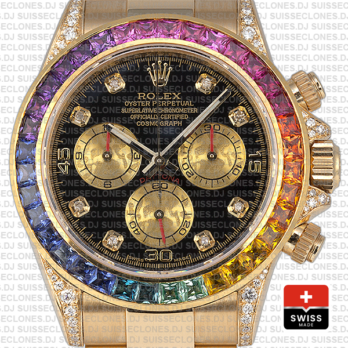 Rolex Cosmograph Daytona 18k Yellow Gold Black Diamond Dial with Rainbow Sapphire Bezel 40mm