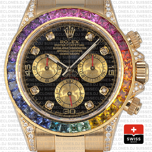 Rolex Cosmograph Daytona 18k Yellow Gold Black Diamond Dial with Rainbow Sapphire Bezel 40mm