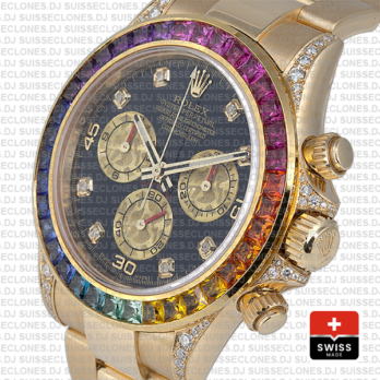 Rolex Cosmograph Daytona 18k Yellow Gold Black Diamond Dial with Rainbow Sapphire Bezel 40mm Watch