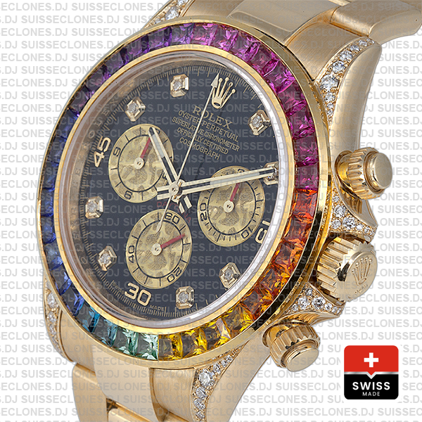 Rolex Cosmograph Daytona 18k Yellow Gold Black Diamond Dial with Rainbow Sapphire Bezel 40mm Watch