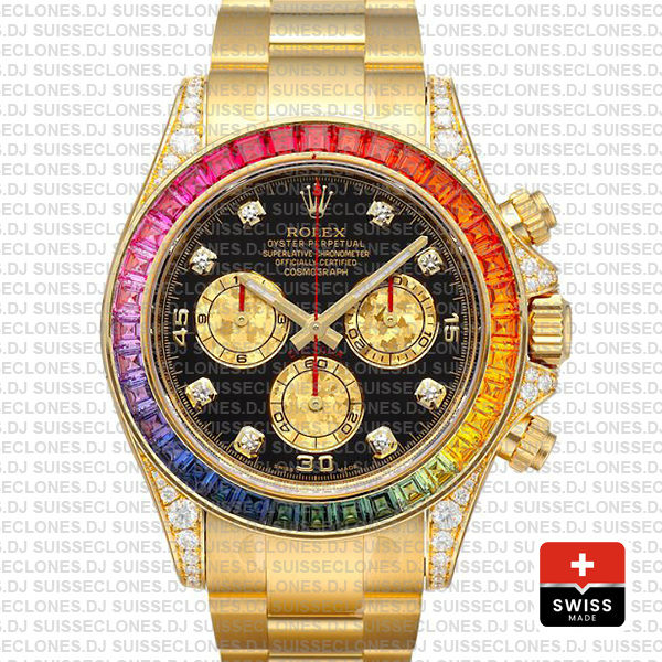 Rolex Daytona Yellow Gold Rainbow Bezel Rolex Replica Watch