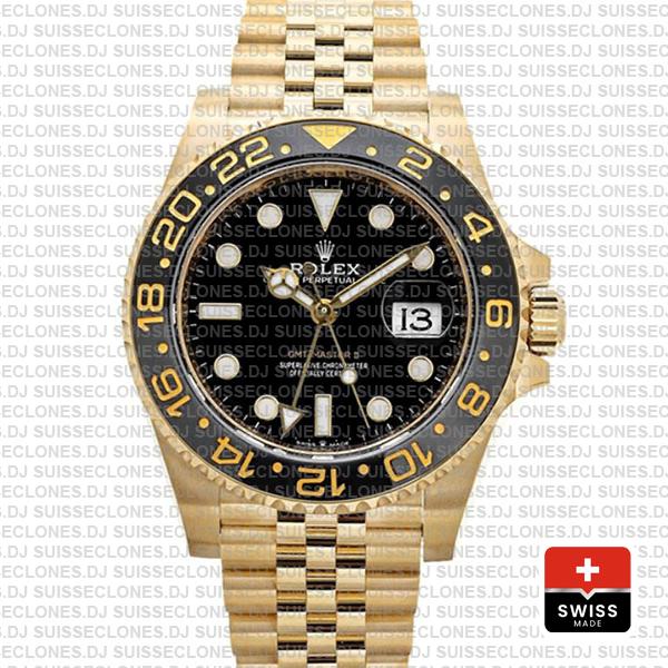 Rolex Gmt-master Ii Jubilee 18k Yellow Gold 904l Steel Black Dial Ceramic Bezel 40mm Ref:126718grnr Swiss Replica Superclone Watch