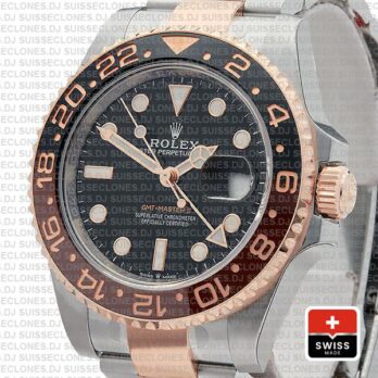 Rolex GMT-Master II Rose Gold Two Tone in Black Dial 40mm Brown Black Ceramic Bezel Watch