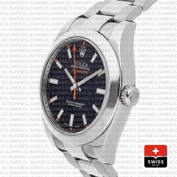 Rolex Milgauss Stainless Steel Smooth Bezel in 904L Steel Oyster Bracelet & Black Dial 40mm