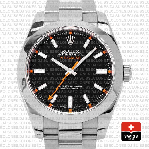 Rolex Milgauss Stainless Steel Smooth Bezel in 904L Steel Oyster Bracelet & Black Dial 40mm