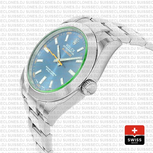 Rolex Milgauss 904L Stainless Steel Blue Dial 40mm 116400 Swiss Replica Watch with Oyster Bracelet