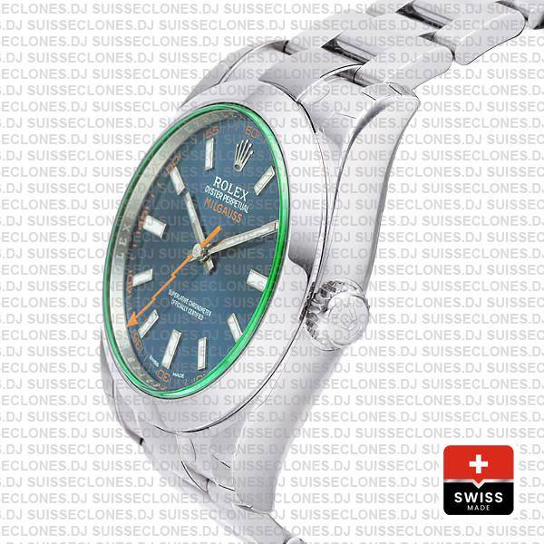 Rolex Milgauss 904L Stainless Steel Blue Dial 40mm 116400 Swiss Replica Watch with Oyster Bracelet