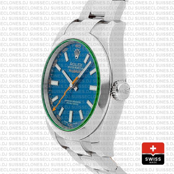 Rolex Milgauss 904L Stainless Steel Blue Dial 40mm 116400 Swiss Replica Watch with Oyster Bracelet