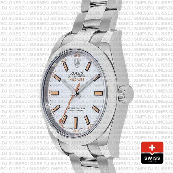 Rolex Milgauss Oyster Perpetual Stainless Steel White Dial Replica Watch, 904L Steel Oyster Bracelet 40mm