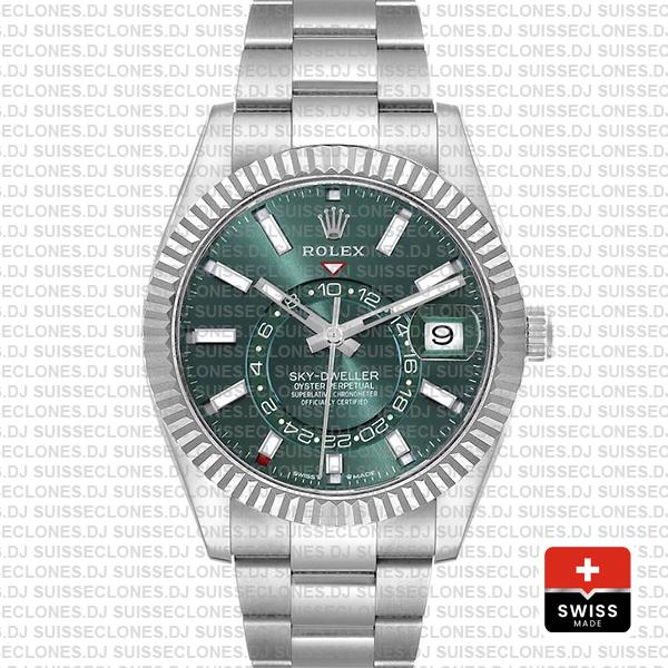 Rolex Sky-dweller 42mm 18k White Gold 904l Steel Green Dial Fluted Bezel Ref.336934 Swiss Replica Superclone Watch
