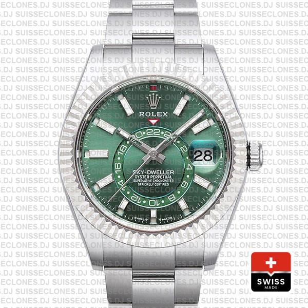 Rolex Sky-dweller 42mm 18k White Gold 904l Steel Green Dial Fluted Bezel Ref.336934 Swiss Replica Superclone Watch