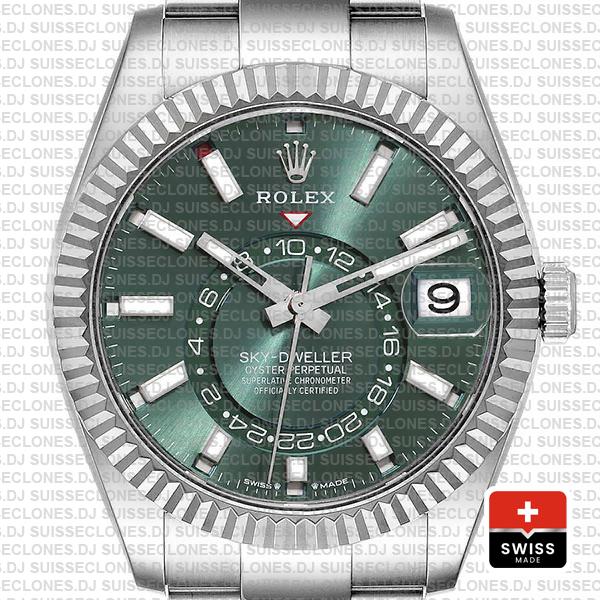 Rolex Sky-dweller 42mm 18k White Gold 904l Steel Green Dial Fluted Bezel Ref.336934 Swiss Replica Superclone Watch