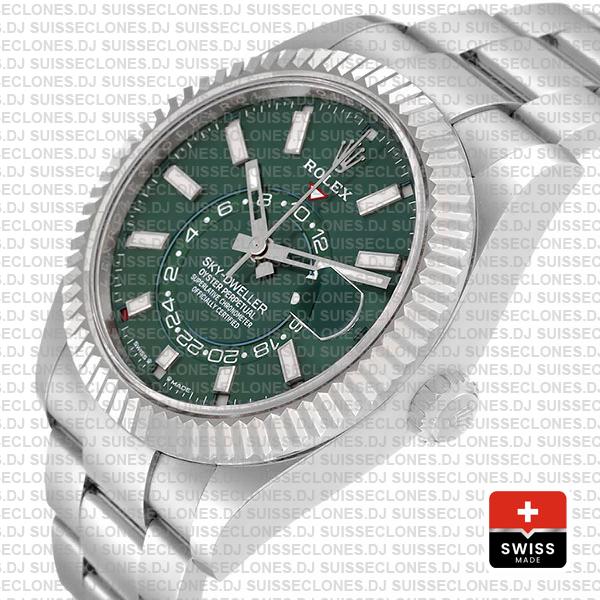 Rolex Sky-dweller 42mm 18k White Gold 904l Steel Green Dial Fluted Bezel Ref.336934 Swiss Replica Superclone Watch