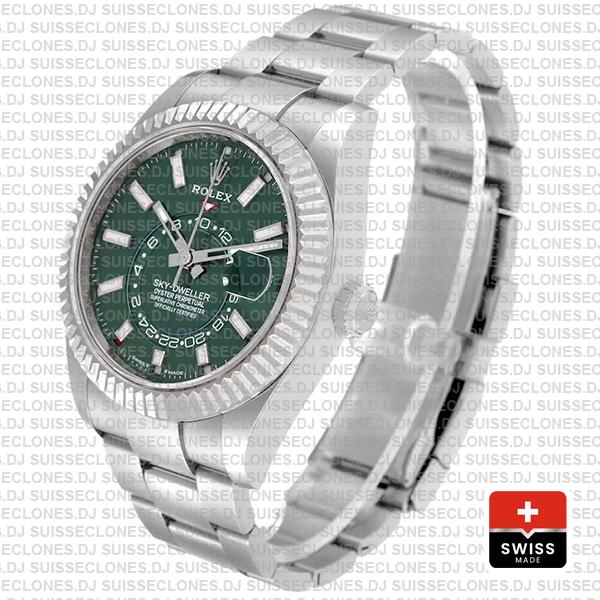 Rolex Sky-dweller 42mm 18k White Gold 904l Steel Green Dial Fluted Bezel Ref.336934 Swiss Replica Superclone Watch