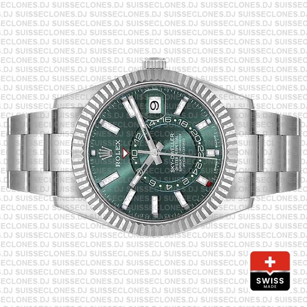 Rolex Sky-dweller 42mm 18k White Gold 904l Steel Green Dial Fluted Bezel Ref.336934 Swiss Replica Superclone Watch