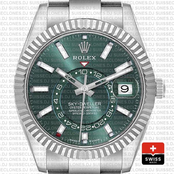 Rolex Sky-dweller 42mm 18k White Gold 904l Steel Green Dial Fluted Bezel Ref.336934 Swiss Replica Superclone Watch