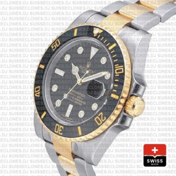 Rolex Submariner 40mm Watch 2 Tone Black Diamond Dial Watch