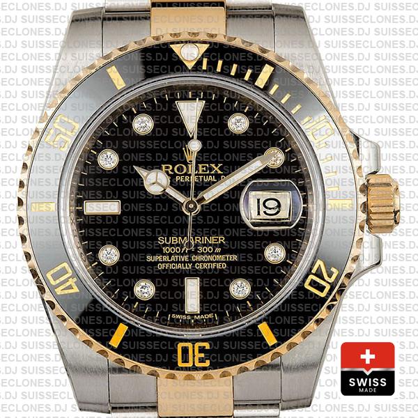 Rolex Submariner 40mm Watch 2 Tone Black Diamond Dial Replica Watch