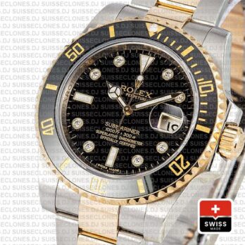 Rolex Oyster Perpetual Submariner 2 Tone 18k Yellow Gold Black Diamond Dial