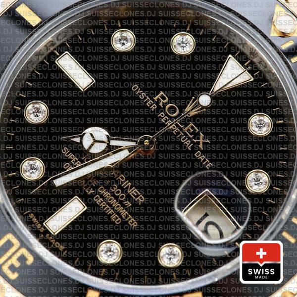 Rolex Oyster Perpetual Submariner 2 Tone 18k Yellow Gold Black Diamond Dial Swiss Replica