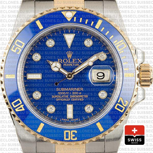 Rolex Submariner 2 Tone 904L Steel 18k Yellow Gold Blue Diamond Dial