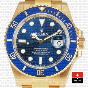 Oyster Perpetual Rolex Submariner 18k Yellow Gold Blue Ceramic Bezel