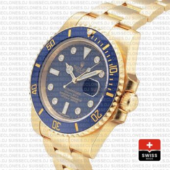 Rolex Submariner 18k Yellow Gold Wrap Blue Ceramic Bezel 40mm Watch with Diamond Markers 904L Steel