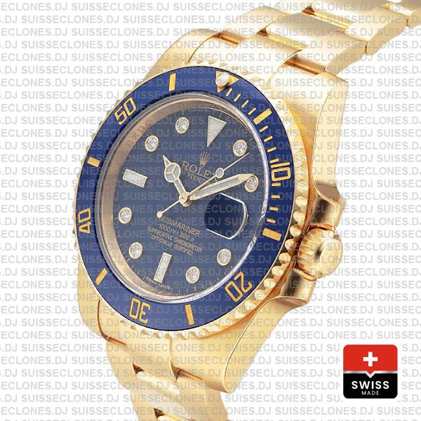 Rolex Submariner 18k Yellow Gold Wrap Blue Ceramic Bezel 40mm Watch with Diamond Markers 904L Steel
