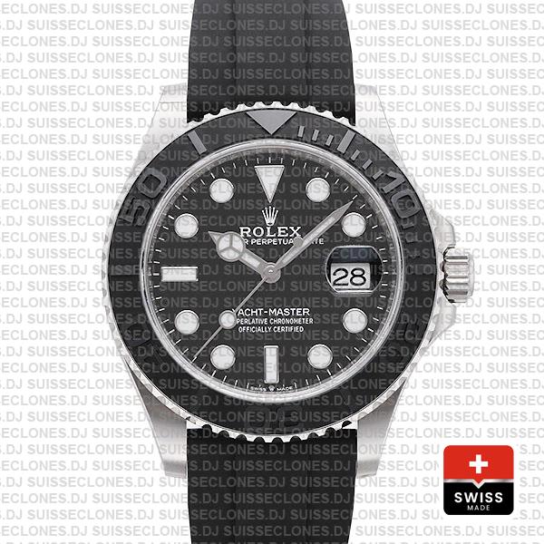 Rolex Yacht-Master Black Dial White Gold Rubber Strap Watch