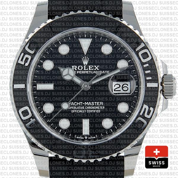 Rolex Yacht-Master Black Dial White Gold Rubber Strap Swiss Replica Watch