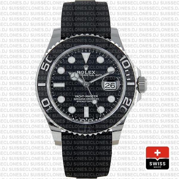 Rolex Yacht-Master Black Dial White Gold Rubber Strap Swiss Replica Watch