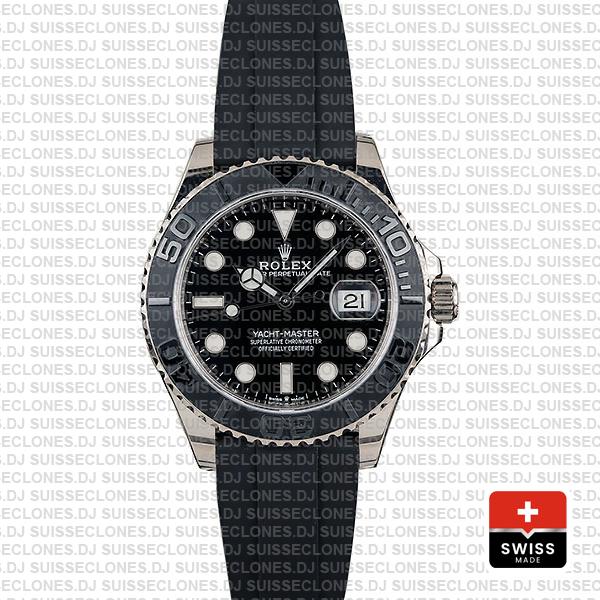 Rolex Yacht-Master Black Dial White Gold Rubber Strap Swiss Replica Watch