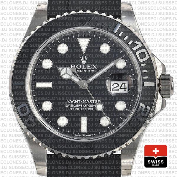 Rolex Yacht-Master Black Dial White Gold Rubber Strap Swiss Replica Watch