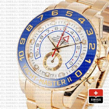 Rolex Yacht-Master II Stainless Steel 18k Yellow Gold White Dial 44mm Watch with Blue Ceramic Bezel